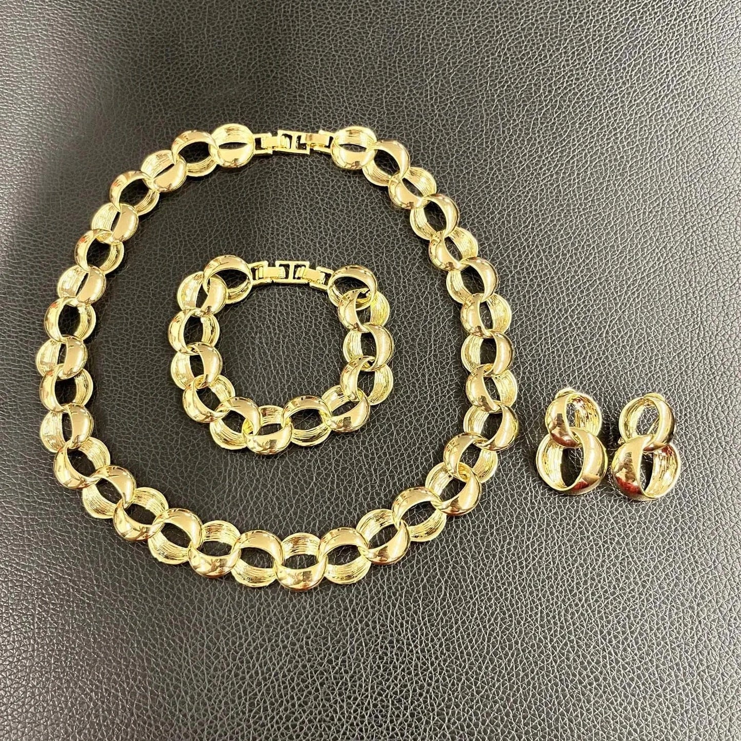HV21093033 Inked Circles Earrings Bangle Ring Necklace Set 4 Pieces Dubai Jewelry Sets 24 K Gold Plated African Jewelry For Women