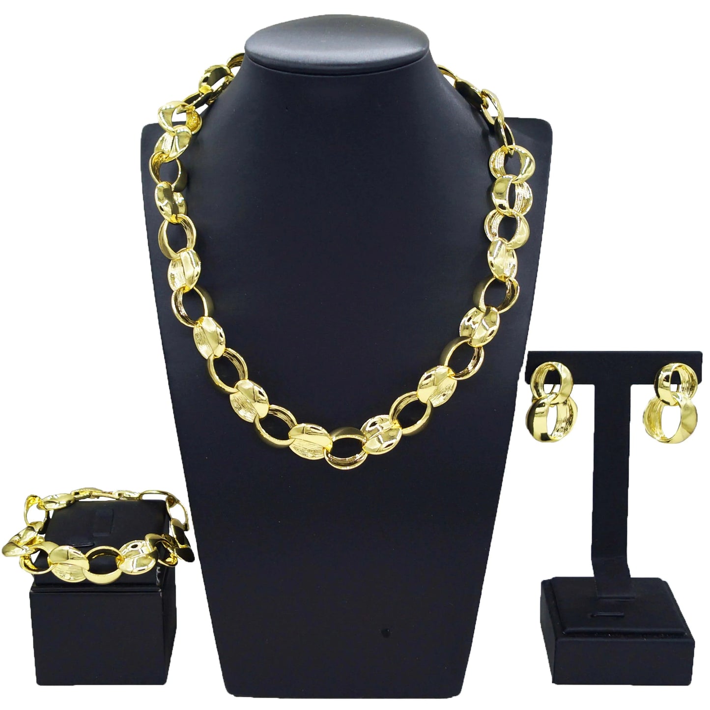 HV21093033 Inked Circles Earrings Bangle Ring Necklace Set 4 Pieces Dubai Jewelry Sets 24 K Gold Plated African Jewelry For Women