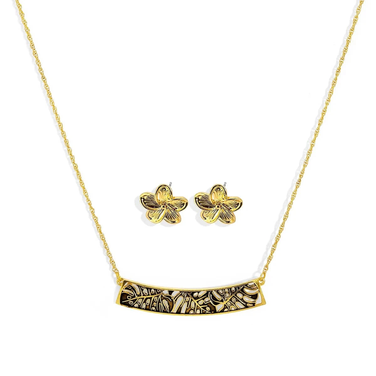 HWNX8223 Hawaiian vintage gold plating zinc alloy bar necklace flower studs necklace sets for women jewelry