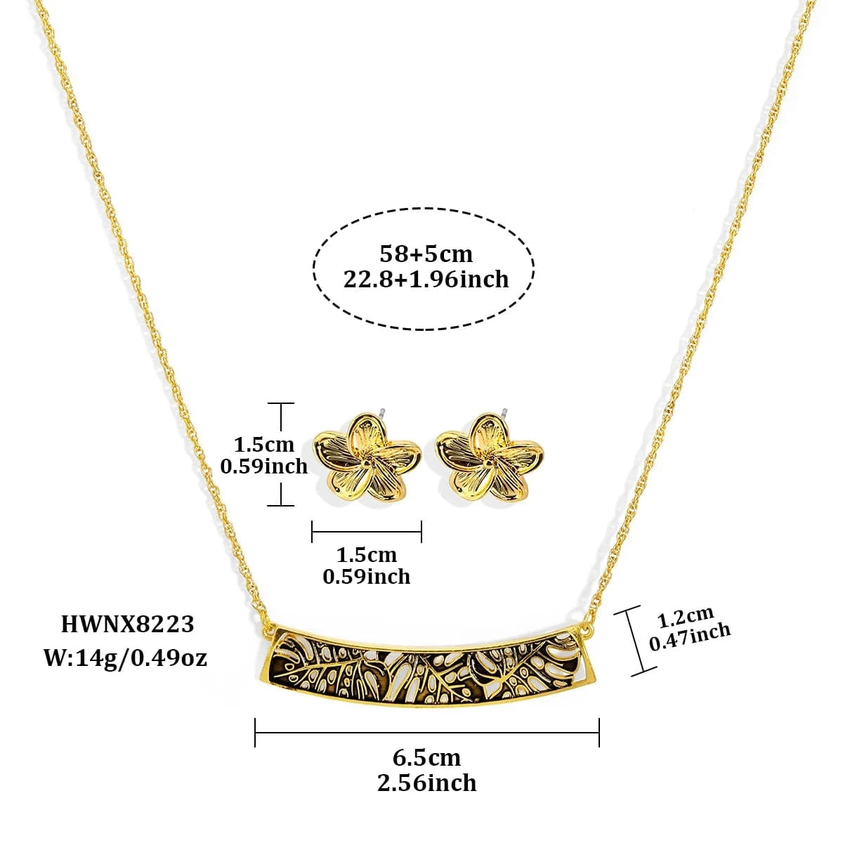 HWNX8223 Hawaiian vintage gold plating zinc alloy bar necklace flower studs necklace sets for women jewelry