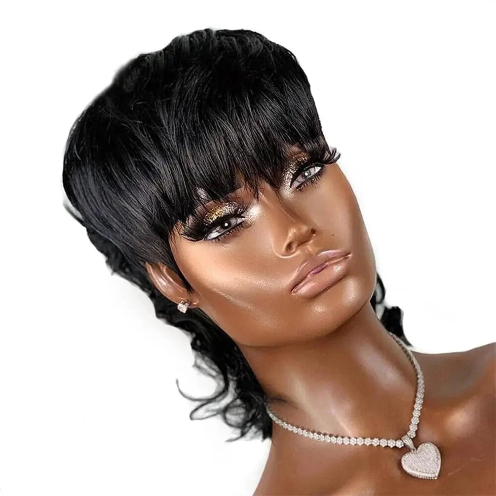 HY-456 / 1pc / 8inches Wear And Go Pixie Cut Wig Short Loose Wave Glueless No Lace Wigs For Women Full Machine Made Wig With Bangs Mullet Style 180% D