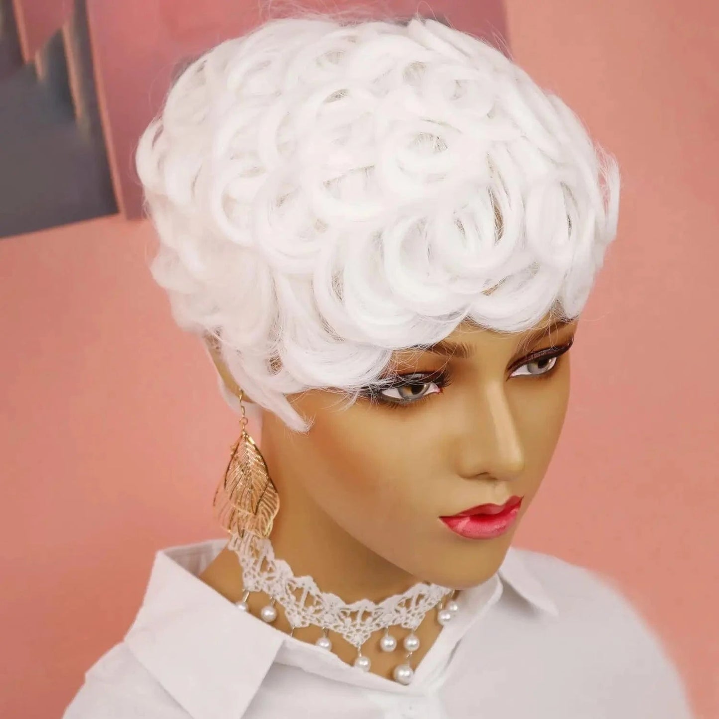 HY-843-60 / 1pc / 6inches Pixie Cut Wigs for Black Women Short Pixie Curly Wig with Bangs White Fluffy Short Wigs for Black Women White Short Curly Wigs S