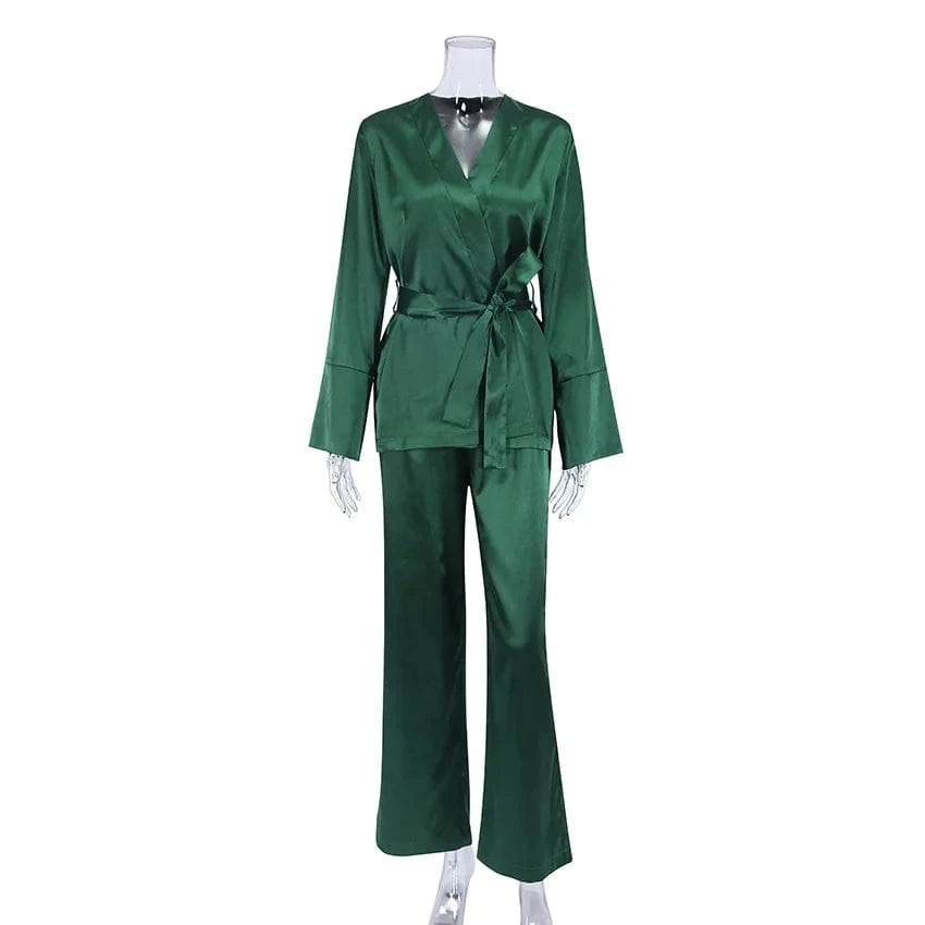 Ice Silk Printed Fashion Pyjamas 2024 Spring New Long Sleeved Women Home Suit Loose Kimono Robe Sets Satin Pajamas With Pants