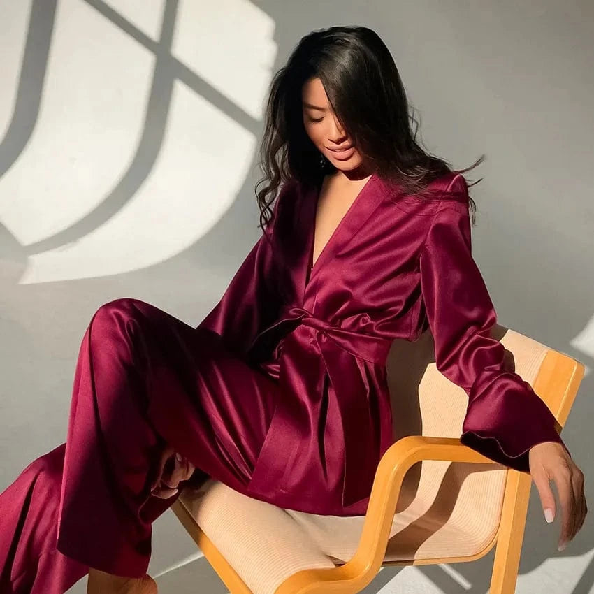 Ice Silk Printed Fashion Pyjamas 2024 Spring New Long Sleeved Women Home Suit Loose Kimono Robe Sets Satin Pajamas With Pants