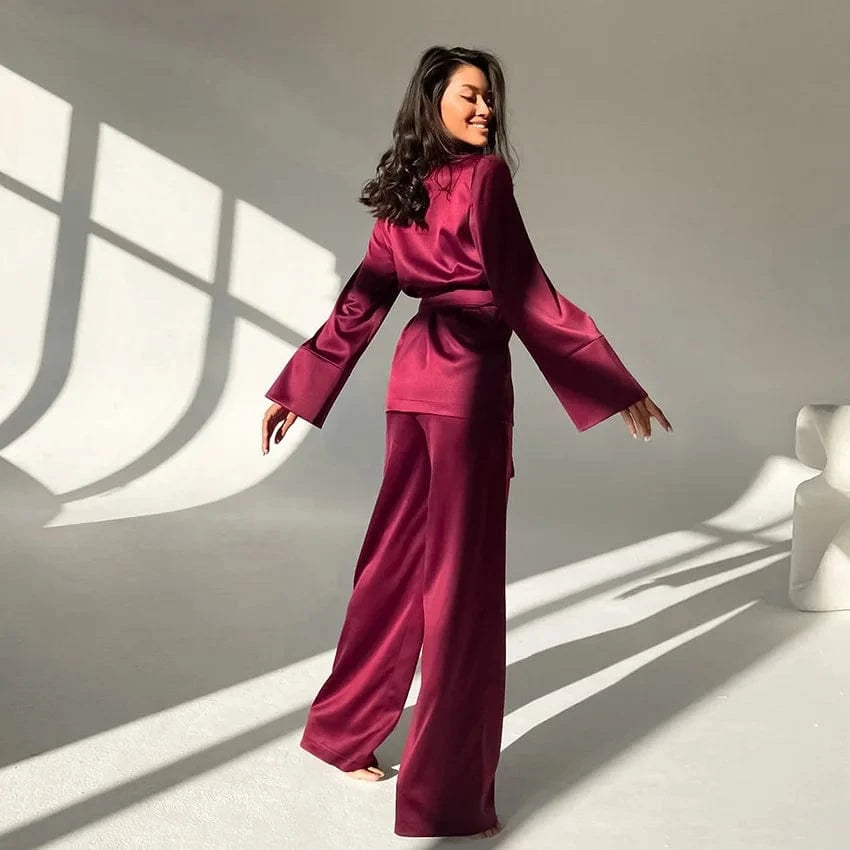 Ice Silk Printed Fashion Pyjamas 2024 Spring New Long Sleeved Women Home Suit Loose Kimono Robe Sets Satin Pajamas With Pants