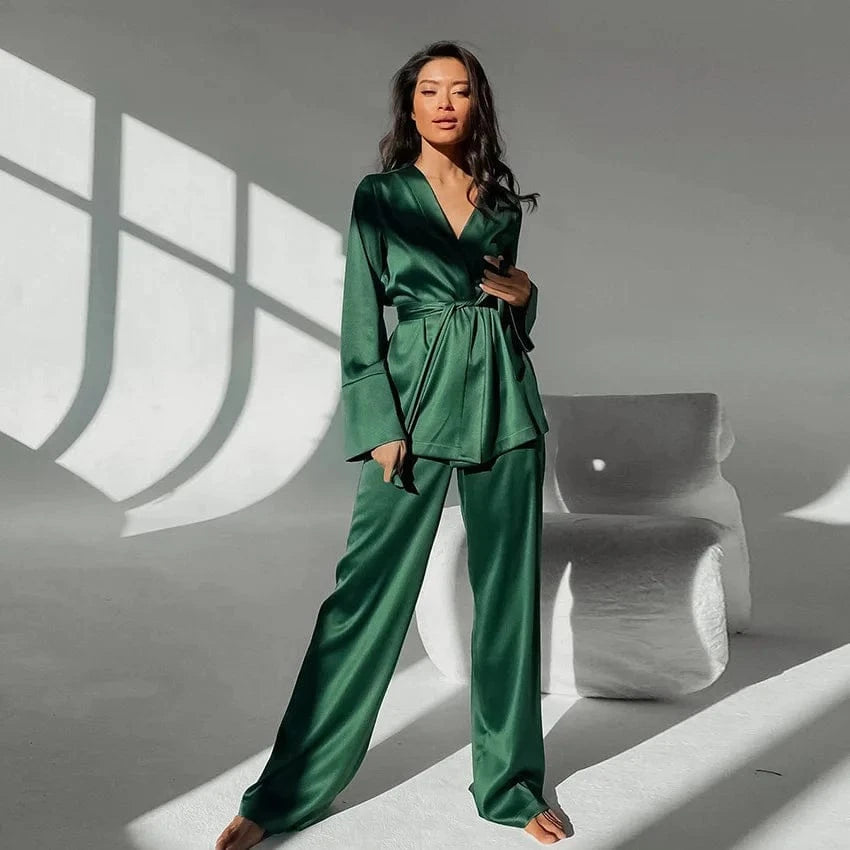 Ice Silk Printed Fashion Pyjamas 2024 Spring New Long Sleeved Women Home Suit Loose Kimono Robe Sets Satin Pajamas With Pants