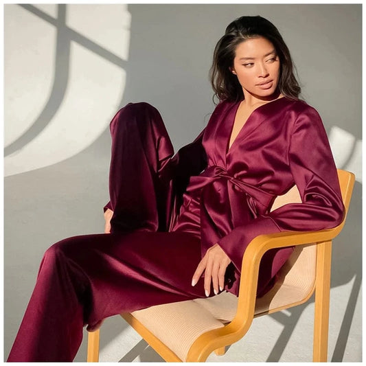 Ice Silk Printed Fashion Pyjamas 2024 Spring New Long Sleeved Women Home Suit Loose Kimono Robe Sets Satin Pajamas With Pants