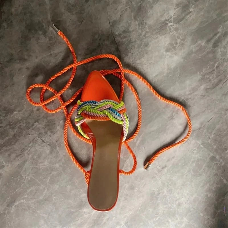 IDOIT Braided Rope High Heel Sandals Orange Ankle Wrap Pointed Toe Thin Heels Summer Dress Shoes Hollow Multi Colors Party Shoes