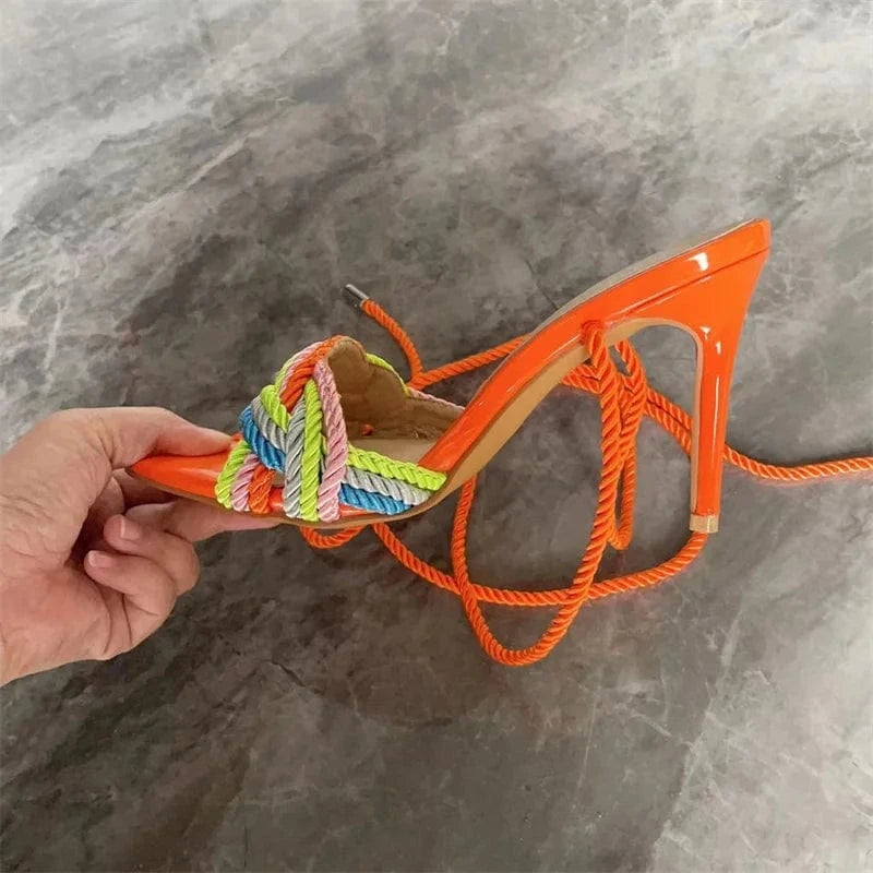 IDOIT Braided Rope High Heel Sandals Orange Ankle Wrap Pointed Toe Thin Heels Summer Dress Shoes Hollow Multi Colors Party Shoes