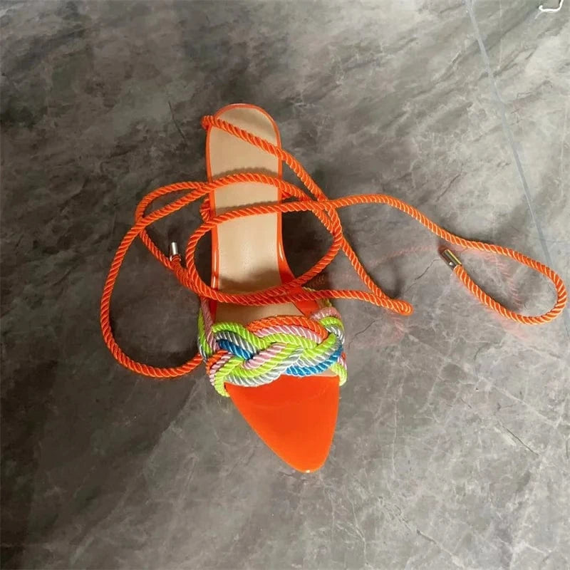 IDOIT Braided Rope High Heel Sandals Orange Ankle Wrap Pointed Toe Thin Heels Summer Dress Shoes Hollow Multi Colors Party Shoes