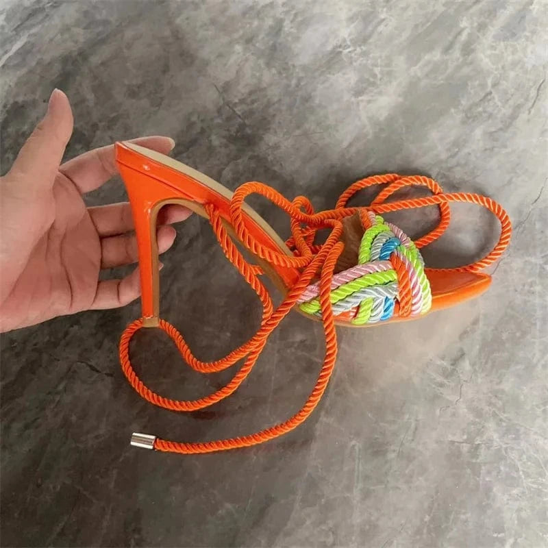 IDOIT Braided Rope High Heel Sandals Orange Ankle Wrap Pointed Toe Thin Heels Summer Dress Shoes Hollow Multi Colors Party Shoes
