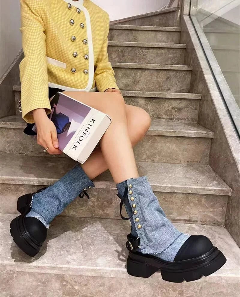 IDOIT Dropshipping Design Female Patchwork Casual Jean Shoes Platform Rivet Decoration Denim Chunky Boots Women Shoes
