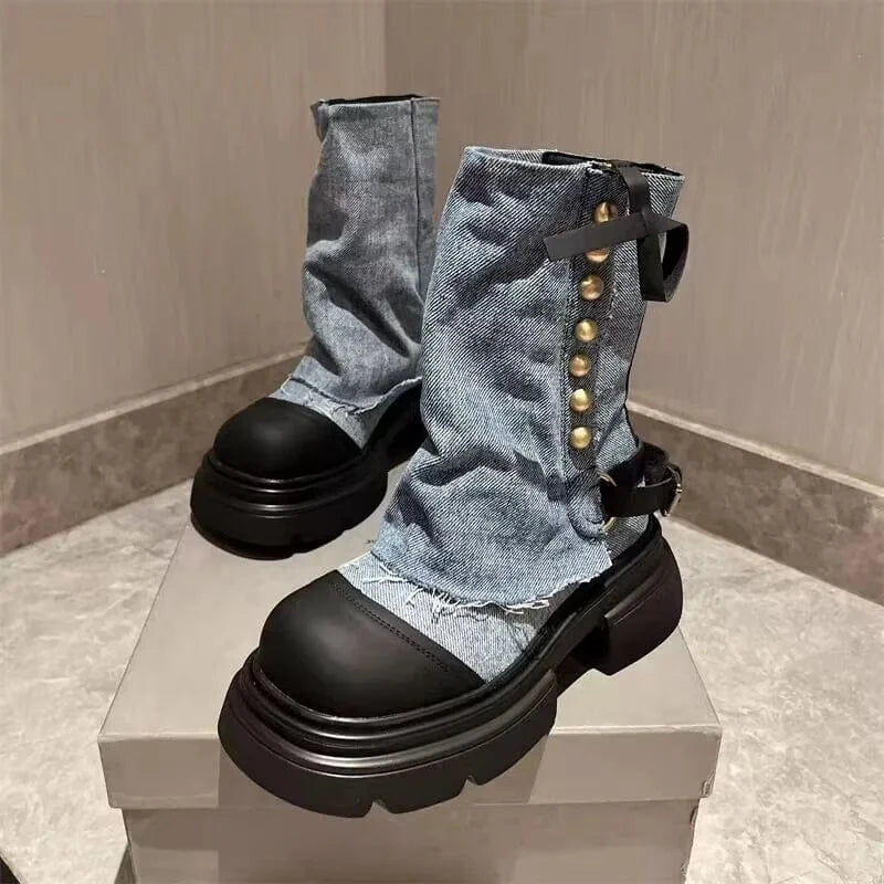 IDOIT Dropshipping Design Female Patchwork Casual Jean Shoes Platform Rivet Decoration Denim Chunky Boots Women Shoes