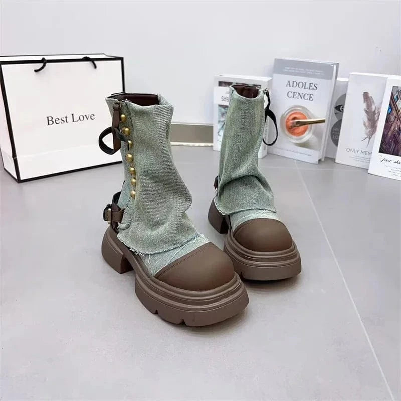 IDOIT Dropshipping Design Female Patchwork Casual Jean Shoes Platform Rivet Decoration Denim Chunky Boots Women Shoes