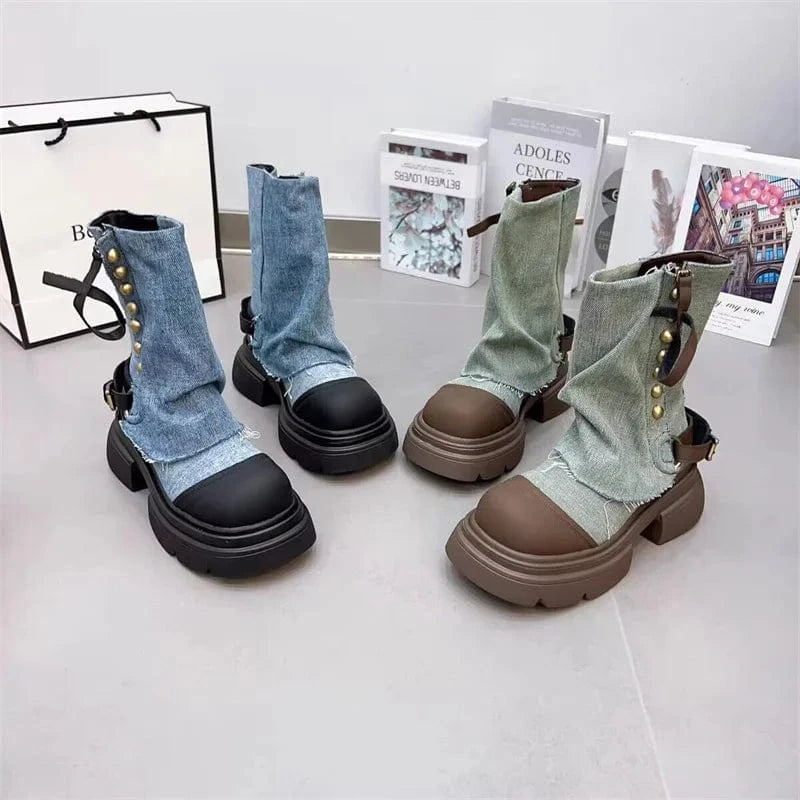 IDOIT Dropshipping Design Female Patchwork Casual Jean Shoes Platform Rivet Decoration Denim Chunky Boots Women Shoes