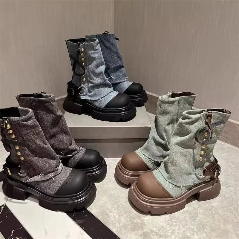 IDOIT Dropshipping Design Female Patchwork Casual Jean Shoes Platform Rivet Decoration Denim Chunky Boots Women Shoes