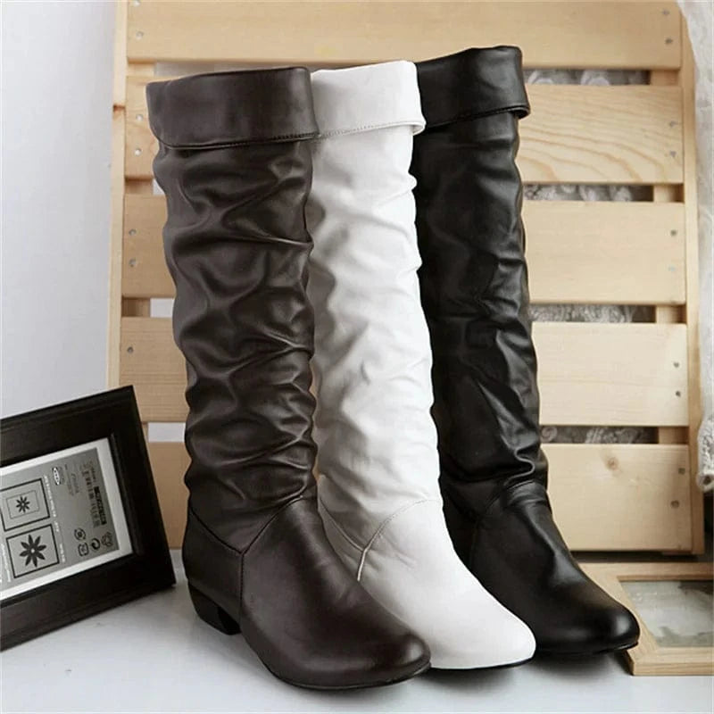 IDOIT Fashion Pleated Pants Ankle Boots Chunky Heels Flat Shoes Women Thick Sole Overlay Mid Calf Boots
