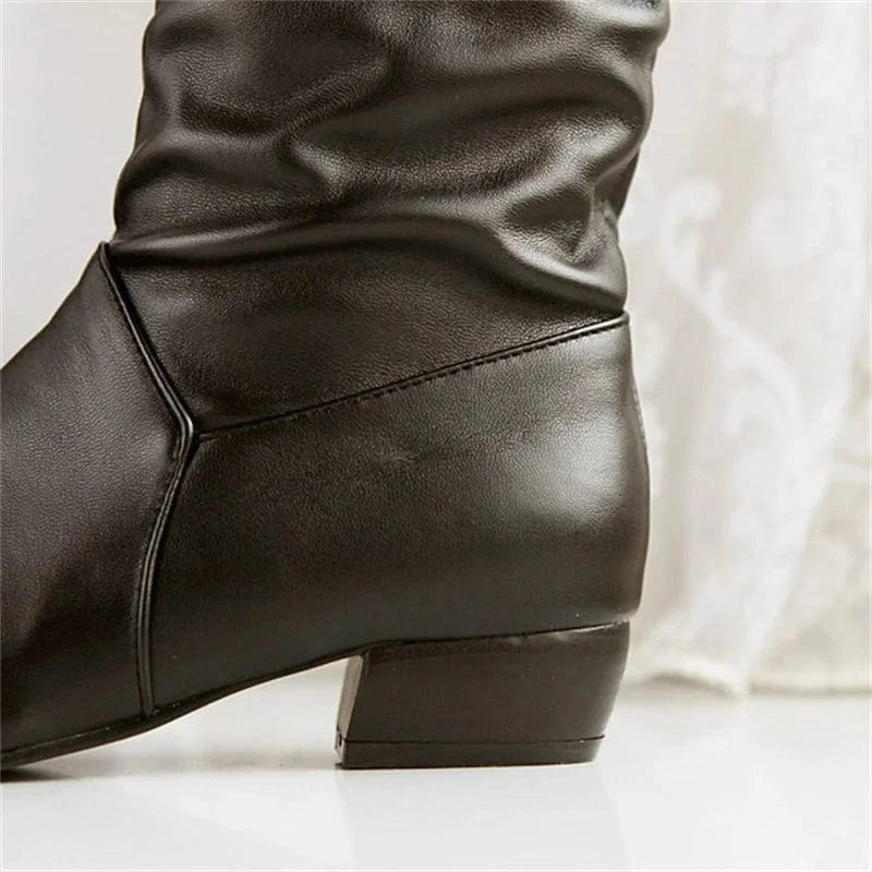 IDOIT Fashion Pleated Pants Ankle Boots Chunky Heels Flat Shoes Women Thick Sole Overlay Mid Calf Boots