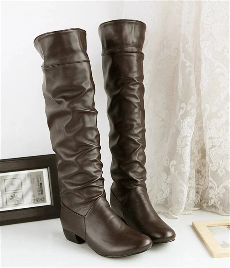 IDOIT Fashion Pleated Pants Ankle Boots Chunky Heels Flat Shoes Women Thick Sole Overlay Mid Calf Boots