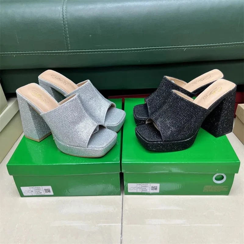 IDOIT Hot Selling Square Toe Silver Rhinestone Open Toe Block High Heels Women Shoes High Heels