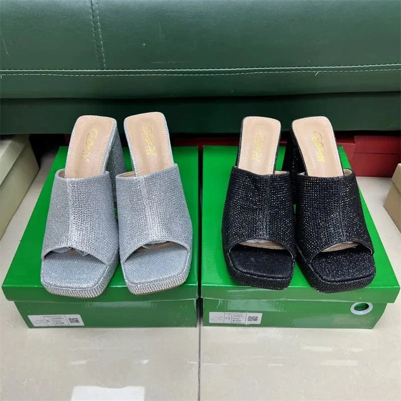 IDOIT Hot Selling Square Toe Silver Rhinestone Open Toe Block High Heels Women Shoes High Heels