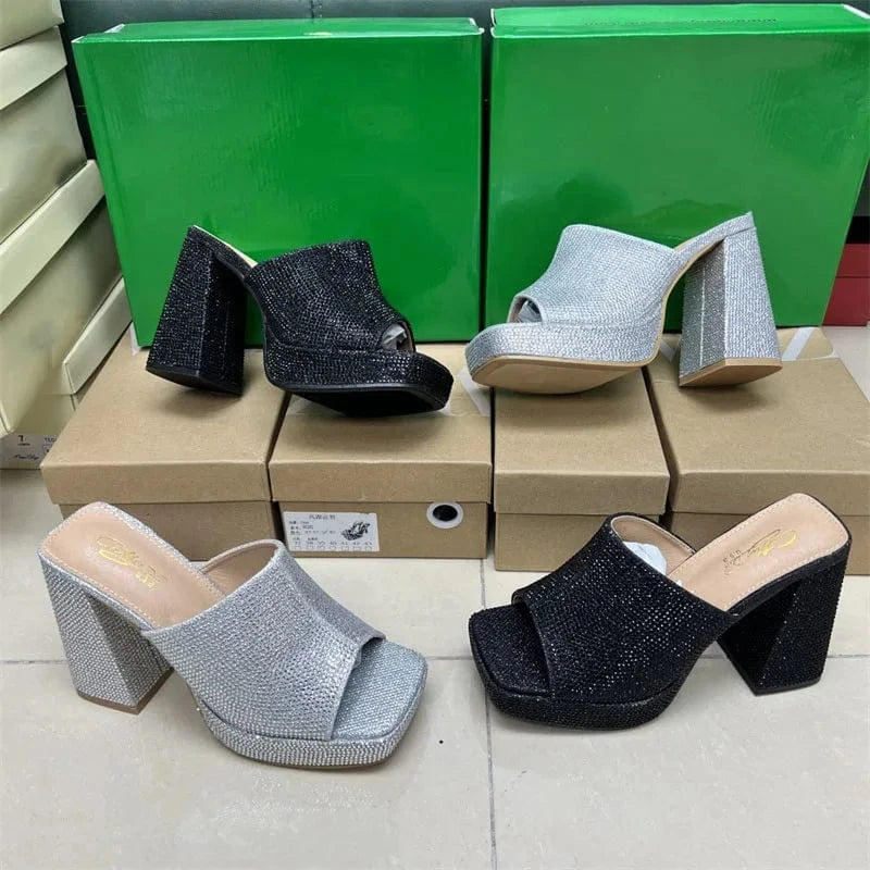 IDOIT Hot Selling Square Toe Silver Rhinestone Open Toe Block High Heels Women Shoes High Heels