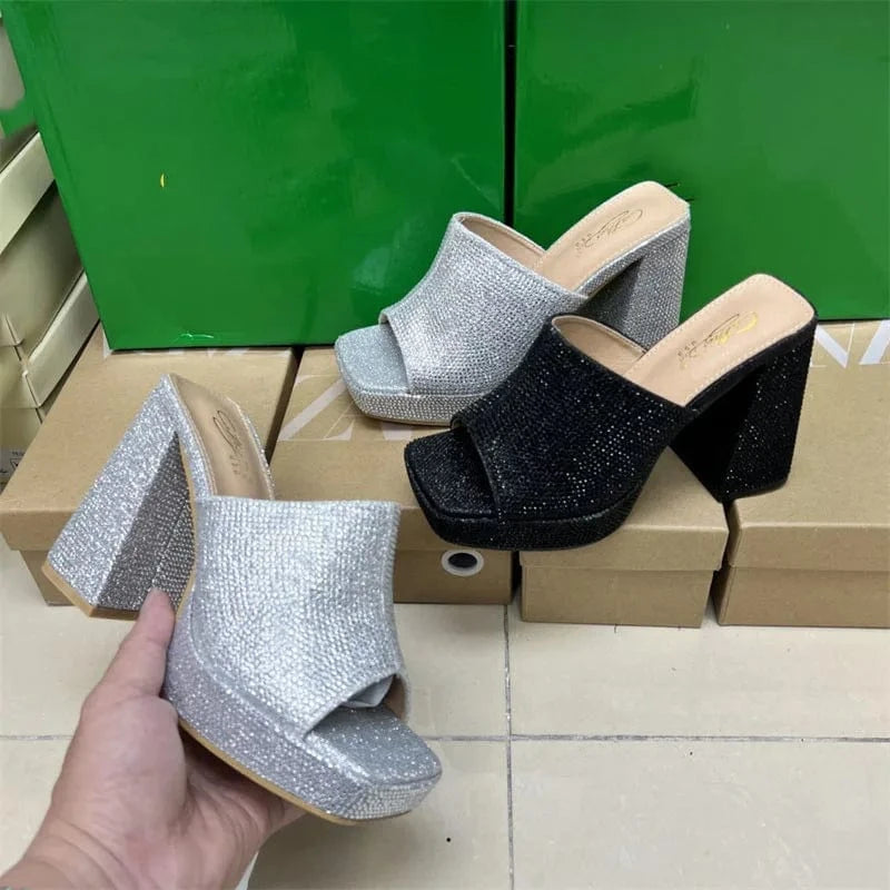 IDOIT Hot Selling Square Toe Silver Rhinestone Open Toe Block High Heels Women Shoes High Heels