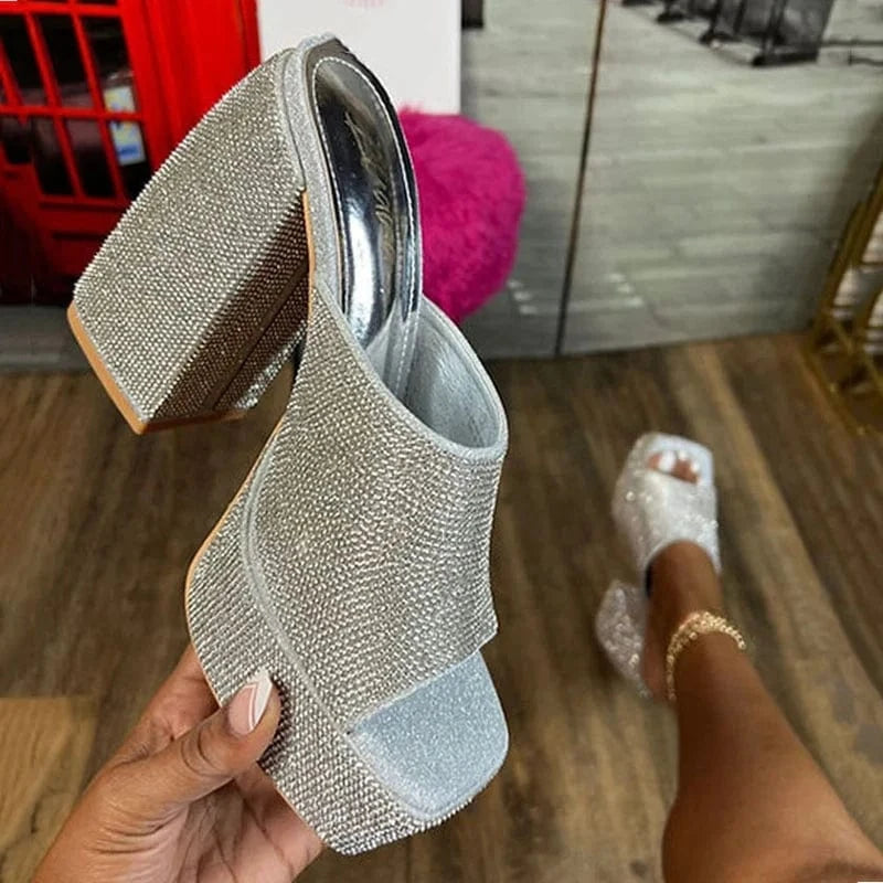 IDOIT Hot Selling Square Toe Silver Rhinestone Open Toe Block High Heels Women Shoes High Heels