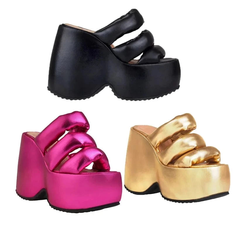 IDOIT Open Toed Thick Sole Sandals Hollowed Out High Heels Slippers Wrapped Beach Parties Women's Shoes Slope Heels Slippers