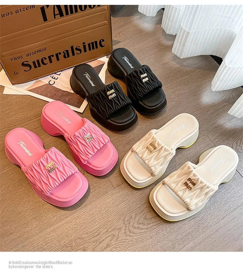 IDOIT Pink Summer New Brand Women Slipper Fashion Pleated Slip On Sandal Platform Heel Outdoor Casual Beach Slides