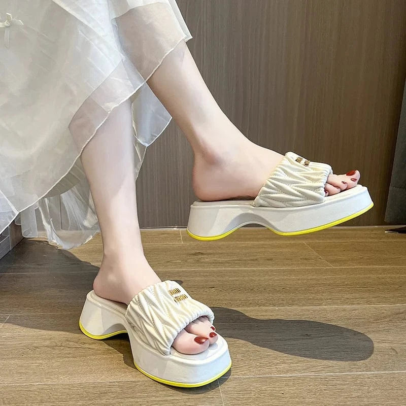 IDOIT Pink Summer New Brand Women Slipper Fashion Pleated Slip On Sandal Platform Heel Outdoor Casual Beach Slides