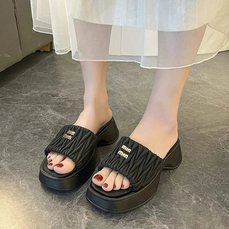 IDOIT Pink Summer New Brand Women Slipper Fashion Pleated Slip On Sandal Platform Heel Outdoor Casual Beach Slides