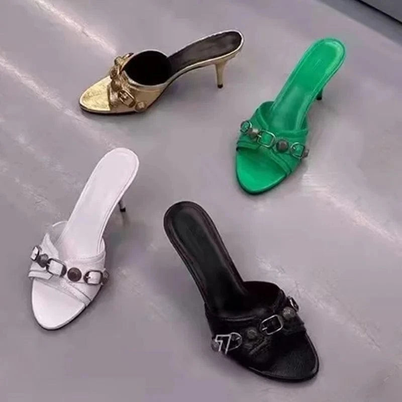 IDOIT Spring Women High Heels Shoes Sexy Ladies Flat Toe Open Toe Slipper Gothic Wind Rivet Low Heels Luxury Designer Sandals