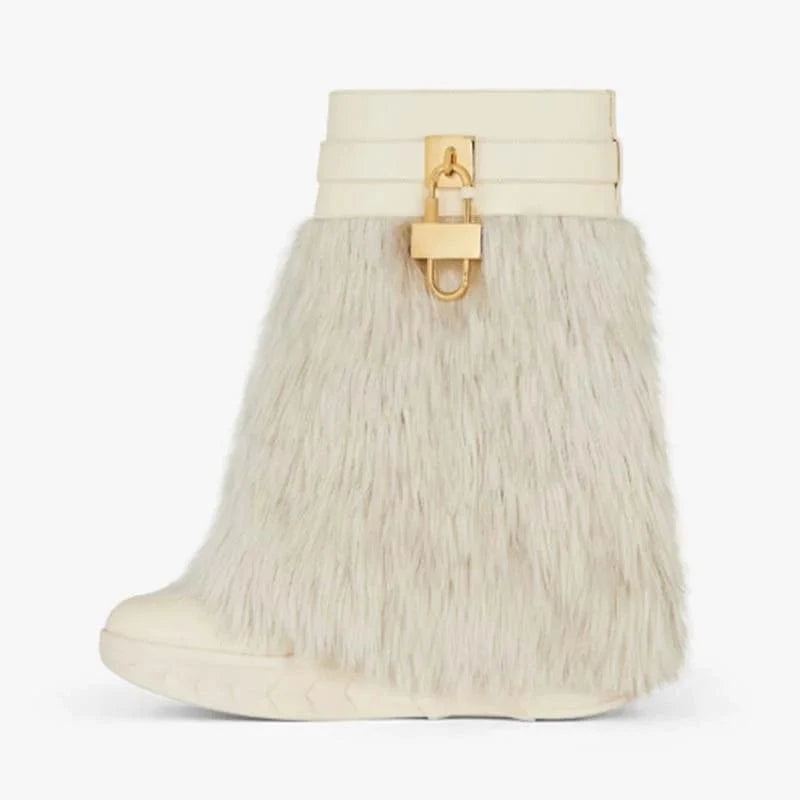 IDOIT Winter Fur Thick Sole Women's Short Boots Lock Overlay Ankle Booties Round Toe Flat Bottom Wedge Heels Shoes