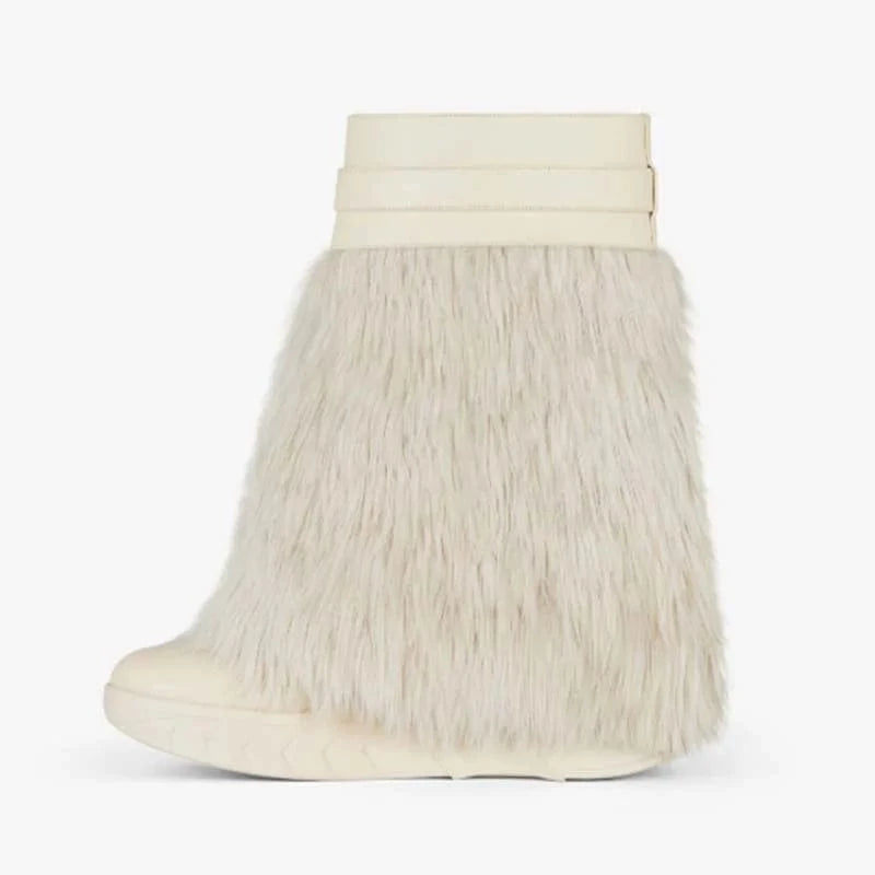 IDOIT Winter Fur Thick Sole Women's Short Boots Lock Overlay Ankle Booties Round Toe Flat Bottom Wedge Heels Shoes