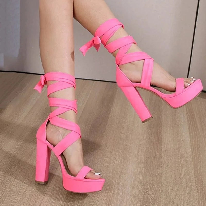 IDOIT Women's Lace Up High Heel Sandals Comfy Platform Open Toe Strappy Pumps Cross Strap Block High Heeled Sandals
