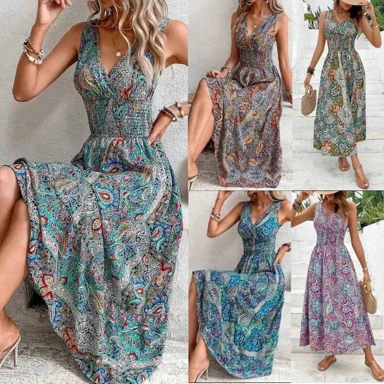 In stock 2024 Women's summer New fashion V-neck Sleeveless High waist sleeveless Bohemian Women's dress