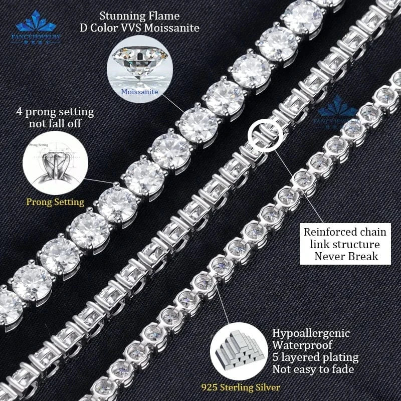 In Stock Hip Hop 925 Silver 2mm 3mm 4mm 5mm 6.5mm 8mm Moissanite Tennis Bracelet Pass Diamond Test Iced Out Moissanite Jewelry