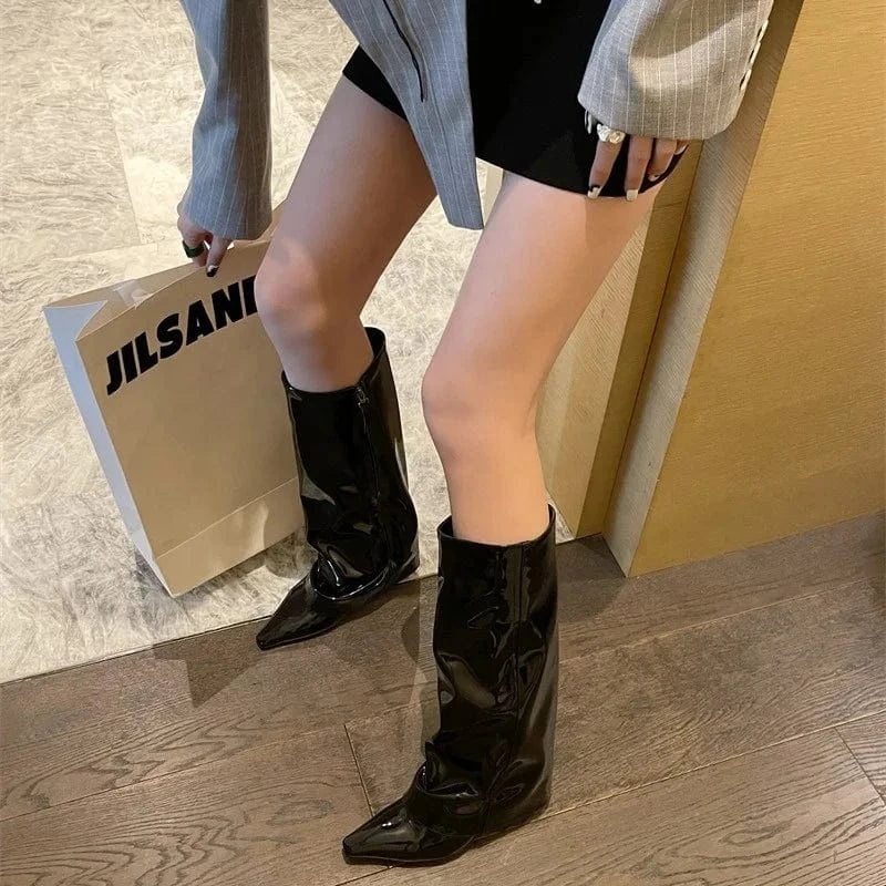 In Stock Womens Boots ENMAYER High Quality Pointy Toe Shark Boots Sexy Wedge Heels Ankle Boots