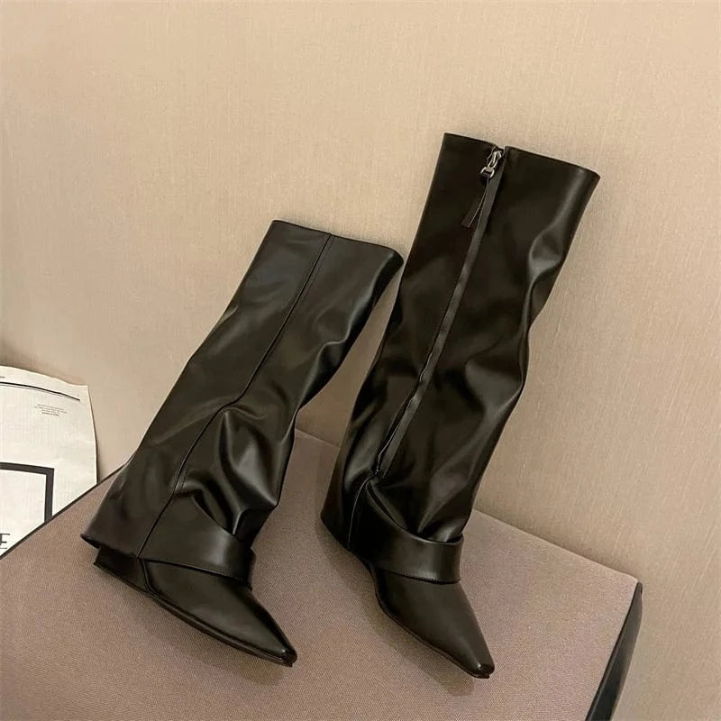 In Stock Womens Boots ENMAYER High Quality Pointy Toe Shark Boots Sexy Wedge Heels Ankle Boots