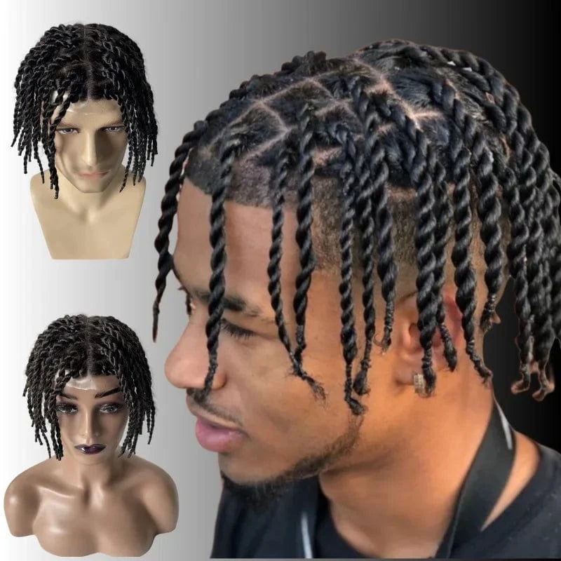 Indian Virgin Human Hair System #1 Black Color Afro Twist Braids 8x10 Full PU Toupee for Black Men