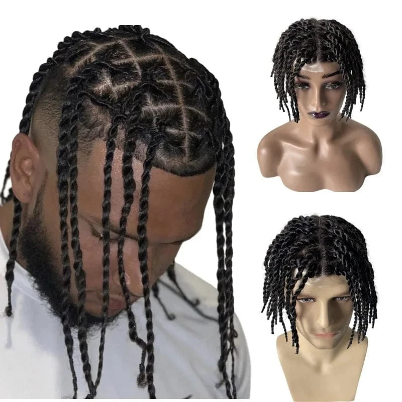 Indian Virgin Human Hair System #1 Black Color Afro Twist Braids 8x10 Full PU Toupee for Black Men