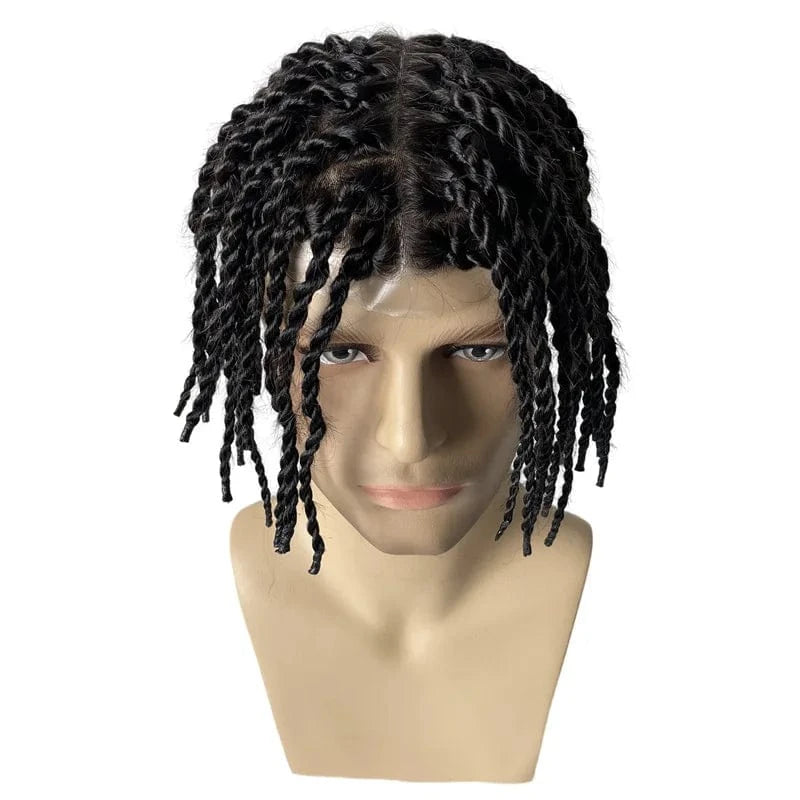 Indian Virgin Human Hair System #1 Black Color Afro Twist Braids 8x10 Full PU Toupee for Black Men