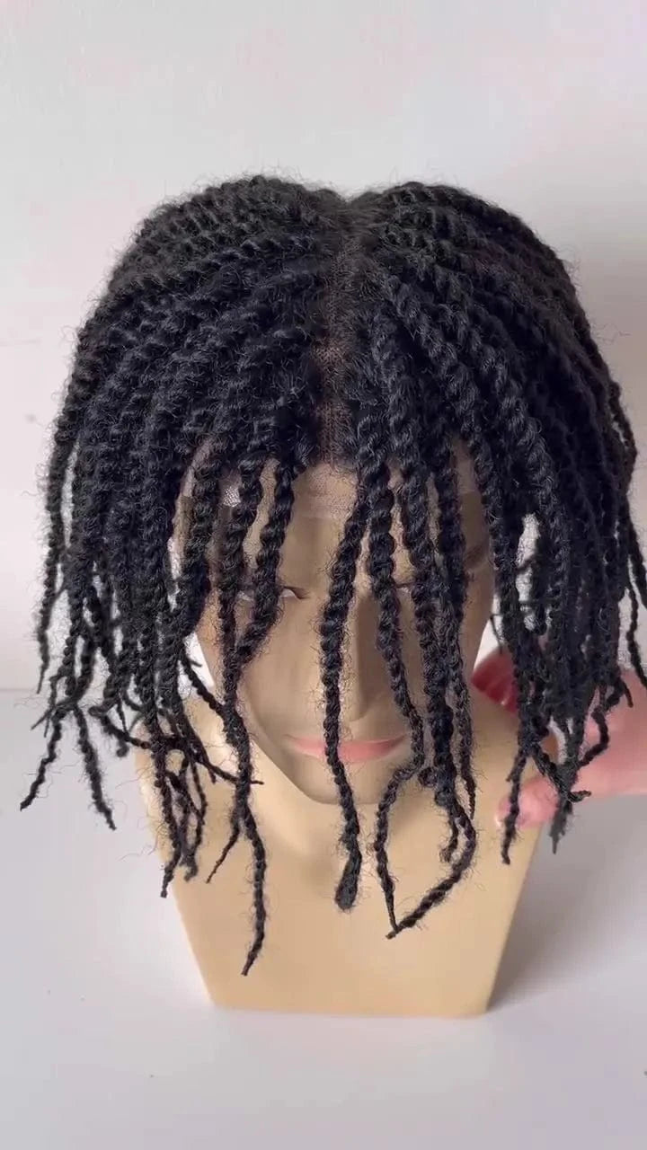 Indian Virgin Human Hair System #1 Black Color Afro Twist Braids 8x10 Full PU Toupee for Black Men