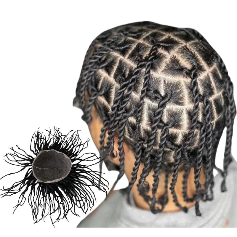 Indian Virgin Human Hair System #1 Black Color Afro Twist Braids 8x10 Full PU Toupee for Black Men