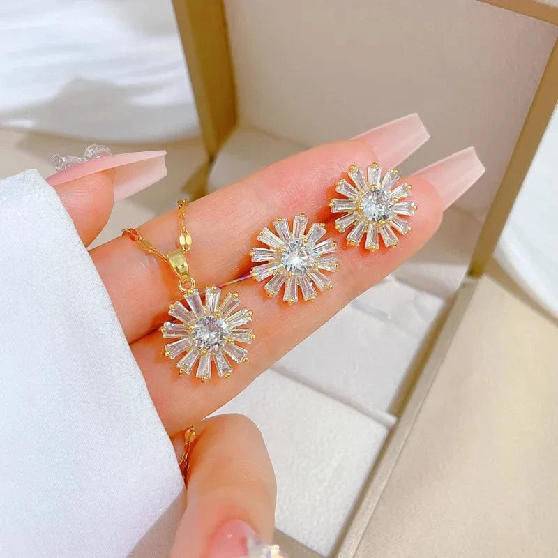 Ins Stainless Steel Heart Simple Necklace Earring Jewelry Set Sunflower Necklace Earrings Fashion Jewelry Set For Women