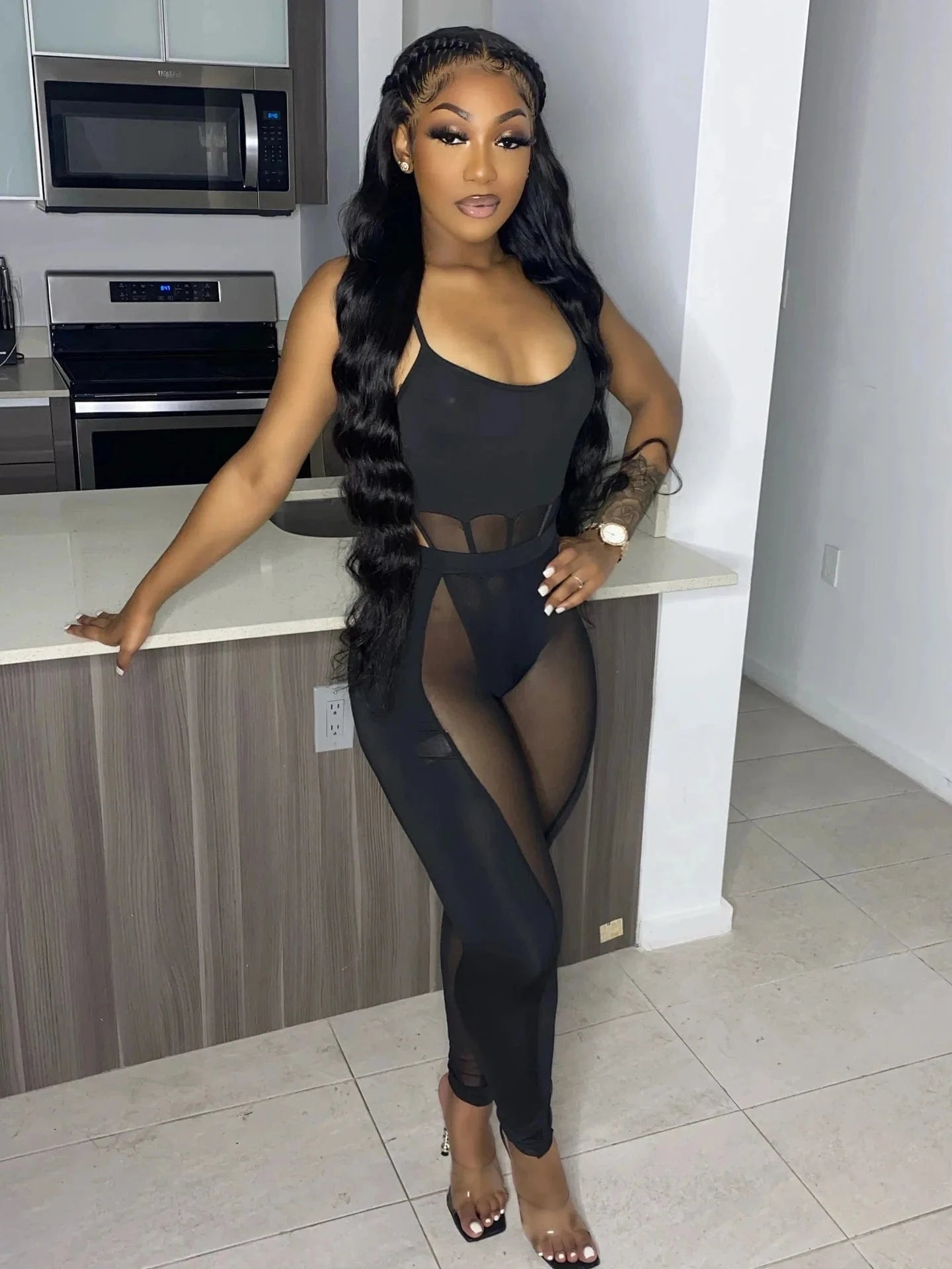 Ins Style Summer Women Sling Sexy Hollow Out Perspective 2 Piece Set Fashion Club Party Outfits Mesh Two Piece Pants Set
