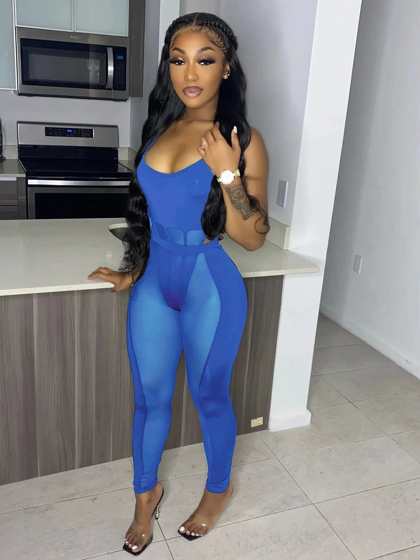 Ins Style Summer Women Sling Sexy Hollow Out Perspective 2 Piece Set Fashion Club Party Outfits Mesh Two Piece Pants Set