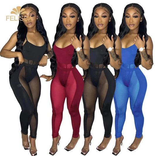 Ins Style Summer Women Sling Sexy Hollow Out Perspective 2 Piece Set Fashion Club Party Outfits Mesh Two Piece Pants Set