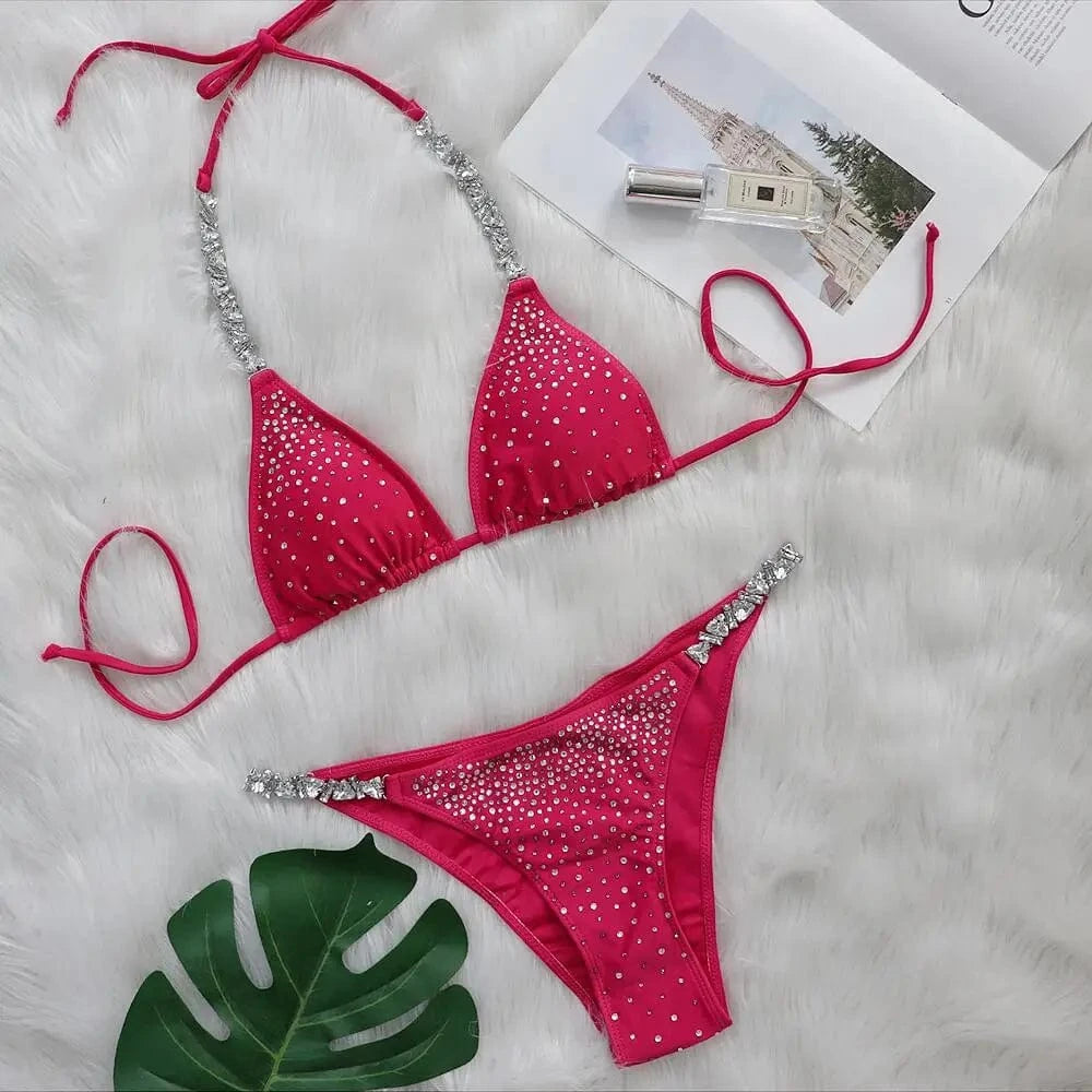 ins Tiktok Summer Fashion Sexy Girl Luxury Swimwear Diamond Metallic Halter Top Swimsuit Tie Side Triangle Bikini Straps 2024